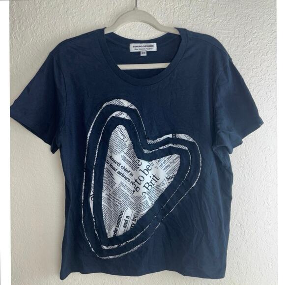 Sohung Designs Tops - Newspaper Heart Graphic T-shirt Navy Size 2X or XL for oversized Sohung Designs